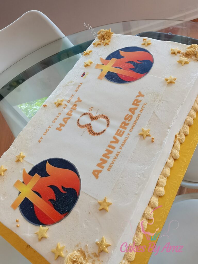 Church anniversary sheet cake with edible logo and gold stars