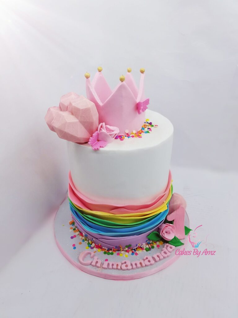 White crown cake with rainbow ruffles for Chimamanda